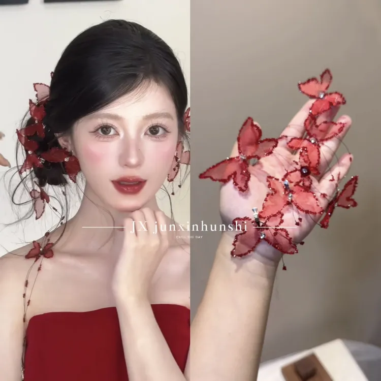 君心家 红色款薄纱蝴蝶项链发夹耳环套装新娘敬酒礼服头饰