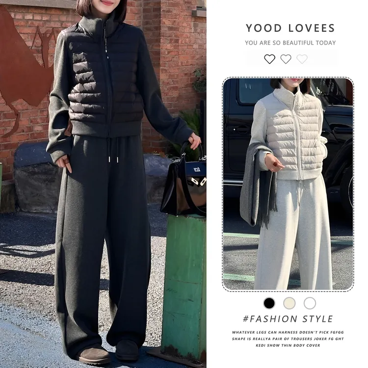 韩版拼接袖立领排骨棉服外套高腰松紧腰卫裤两件套女2025秋冬季款