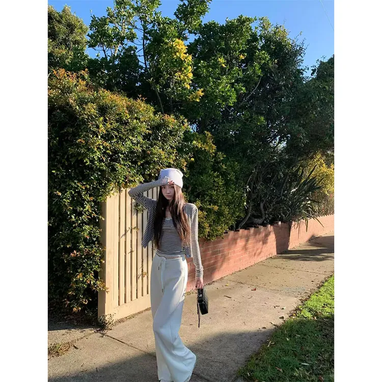 条纹蕾丝吊带背心女薄款防晒衫套装早秋休闲穿搭开衫抽绳阔腿长裤