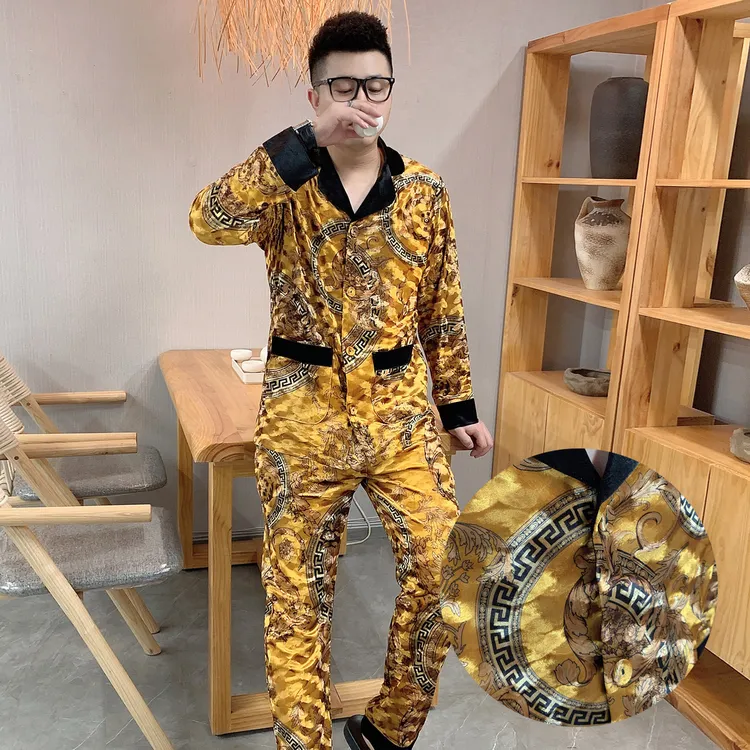 男士大码金丝绒睡衣套装2025春秋高品质印花可外穿家居服两件套潮