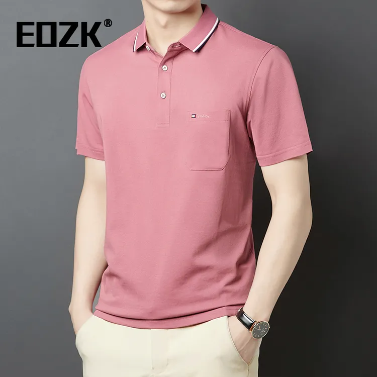 Eozk潮流时尚男士短袖T恤2025夏季新款翻领纯色带口袋爸爸装上衣