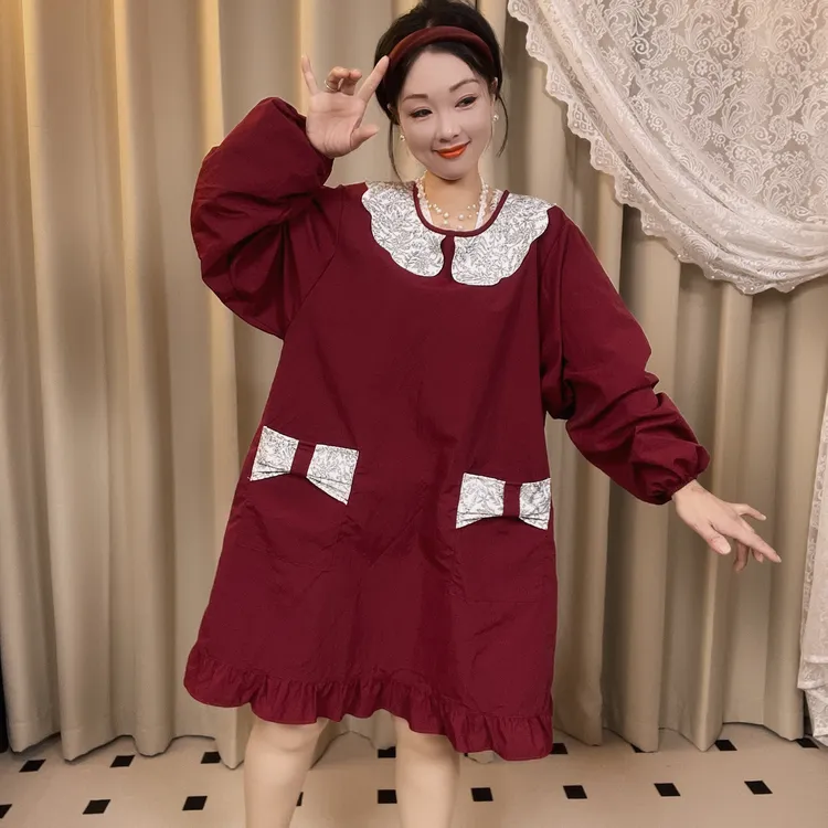 纯色时尚花边娃娃领外穿防溅防污围裙罩衣防泼水做饭家用成人