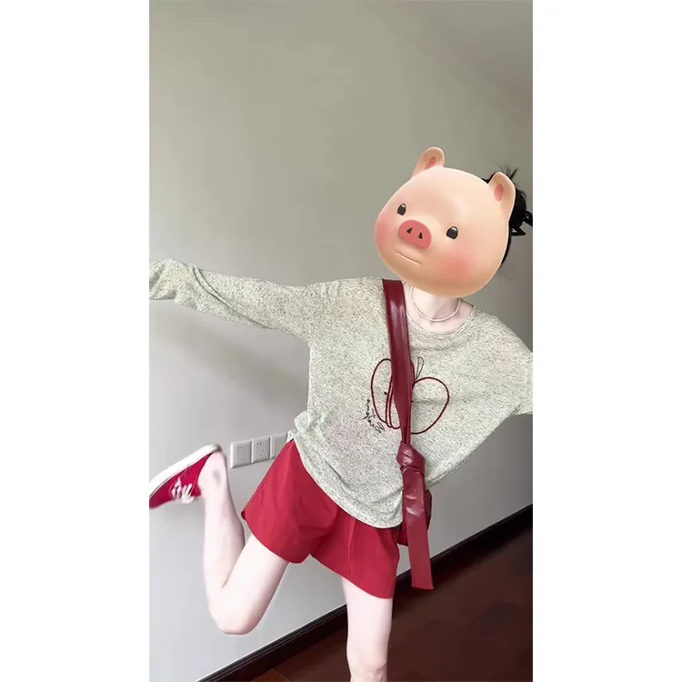 韩系夏天衣服薄款长袖防晒罩衫上衣红色休闲外穿高腰短裤两件套女