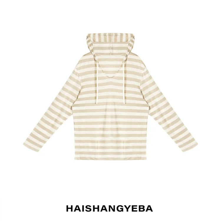 【海上叶爸】新款2025夏季百搭亚麻连帽通勤休闲条纹薄款T恤