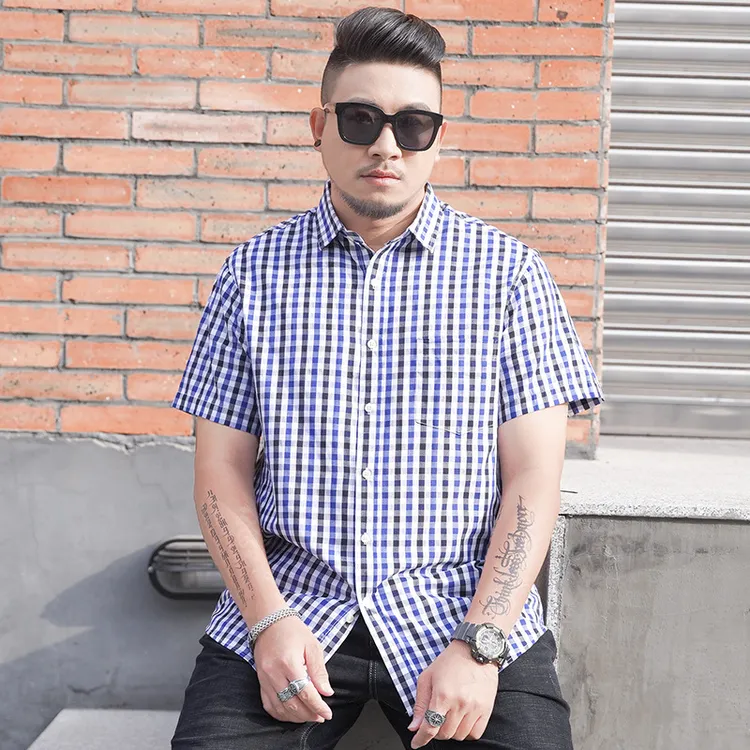 潮流大码男士短袖衬衣胖潮宽松休闲色织格子多色百搭衬衫男款长袖