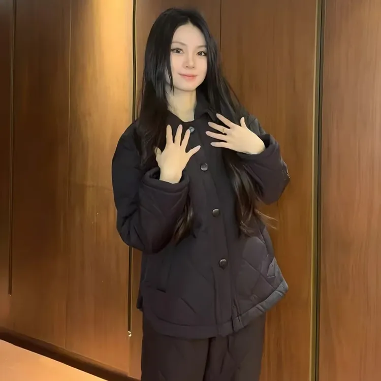 三层夹棉2025秋冬睡衣女款韩系菱格保暖宽松藏肉显瘦立领防风锁温