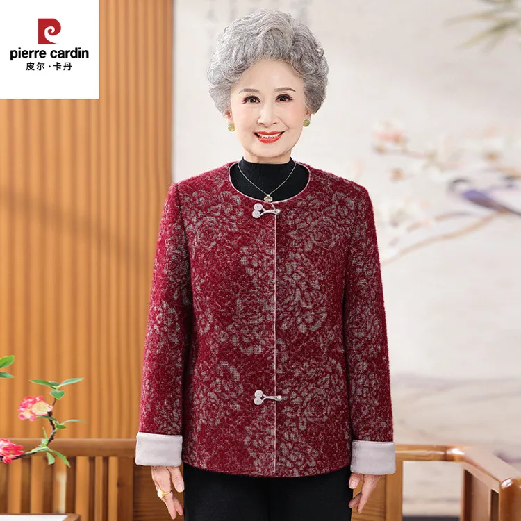 皮尔卡丹洋气高贵奶奶装秋冬长袖上衣婆婆装毛呢外套女大码妈妈装