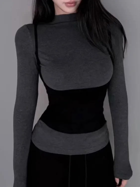 美式复古撞色假两件长袖T恤女秋冬新款辣妹修身显瘦徳绒打底上衣