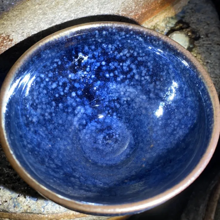 青花茶杯主人杯纯手工柴烧杯汝窑开片陶瓷大号曜变盏杯精美束口