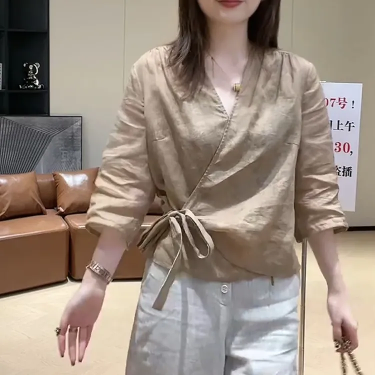 夏季韩系提花V领显瘦绑带设计上衣洋气小衫LK2505518