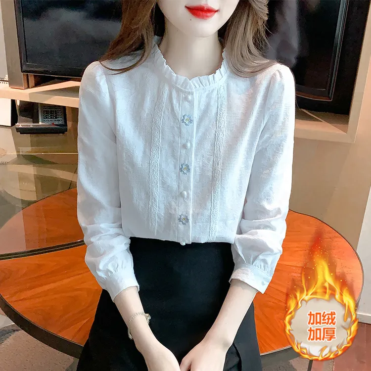 法式立领长袖衬衫女木耳边设计感秋冬2025新款一体绒纯棉加绒上衣