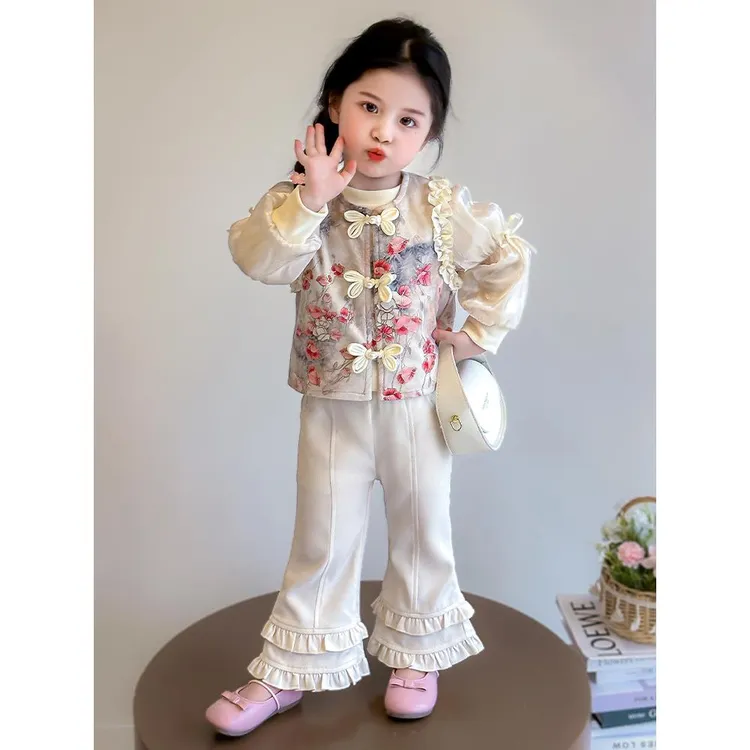 云梦Kids女童国风碎花马甲长袖套装儿童新中式秋装宝宝春秋季洋气