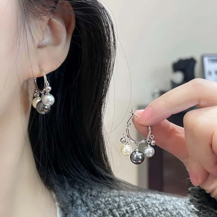 合金仿珍珠耳饰 秋冬百搭复古高级灰渐变珠珠流苏耳扣耳环女耳饰