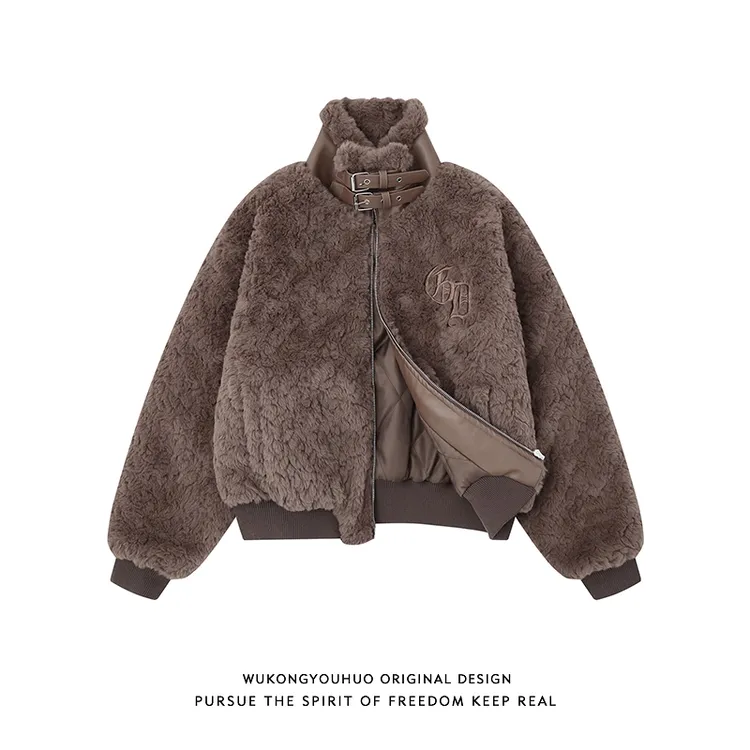 悟空有货美式复古美拉德羊羔绒立领棉衣女冬季短款仿貂绒毛绒外套