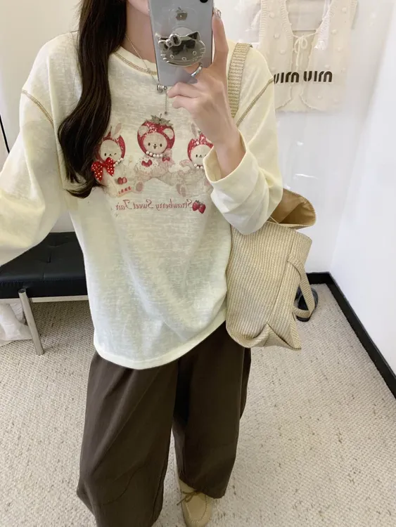 猫鼠熊精选三只草莓熊印花珍珠圆领长袖T恤上衣韩系百搭减龄