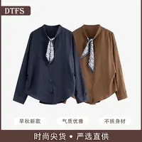 【大婷】高级感设计大码衬衫显瘦休闲丝巾长袖上衣女复古正肩69203