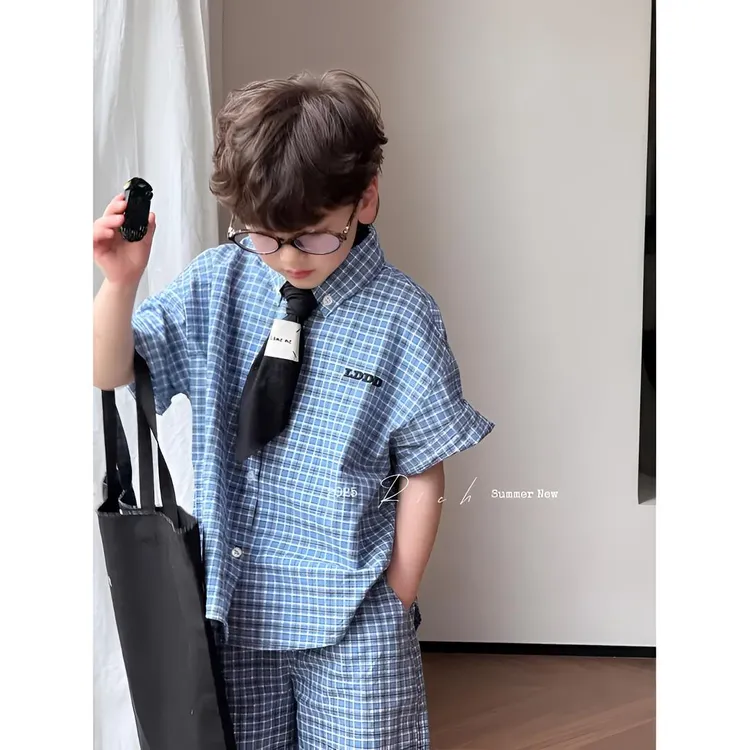 时尚夏季童装千鸟格风格中性套装男韩版休闲套头格子气质男童