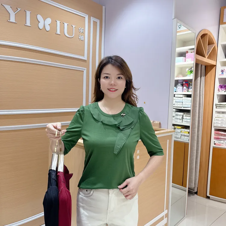 高档南韩气质上衣5-6358秋五分袖棉T圆领女百搭时尚长/58厘米