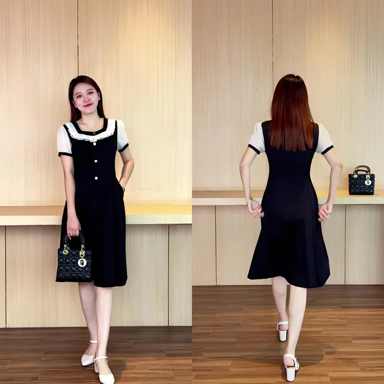 百花果夏季新款短袖连衣裙气质百搭方领高档遮肉显瘦拼接高弹力