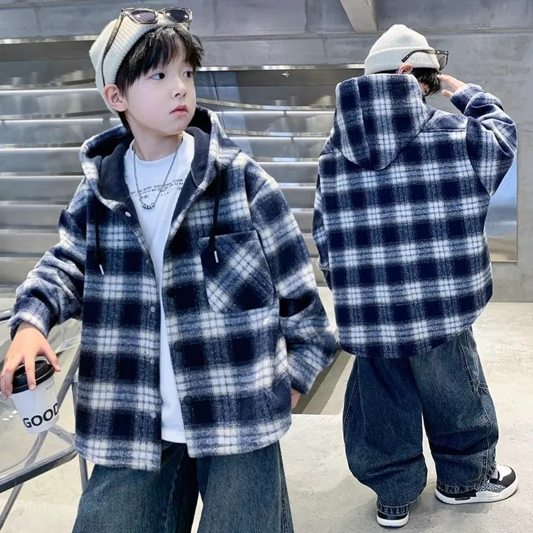 男童秋冬装加绒外套2025新款男孩格子加绒冬款上衣韩版宽松连帽
