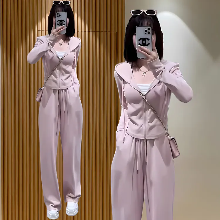 2025春秋新款小个子开衫卫衣阔腿裤两件套女时尚修身气质显瘦套装