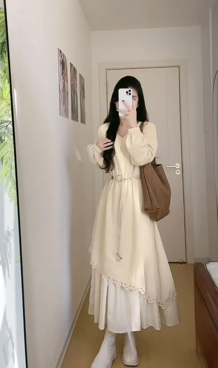 AN.XIN【圣马丁秋日】法式优雅假两件拼接清冷气质连衣裙8587