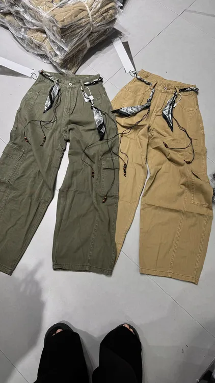 夏季新款高腰大口袋垂感显瘦带腰绳工装风格休闲长裤