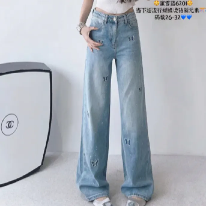 【晗永芳】6201蝴蝶烫钻阔腿裤春夏薄款弹力显瘦高腰直筒牛仔裤宽松