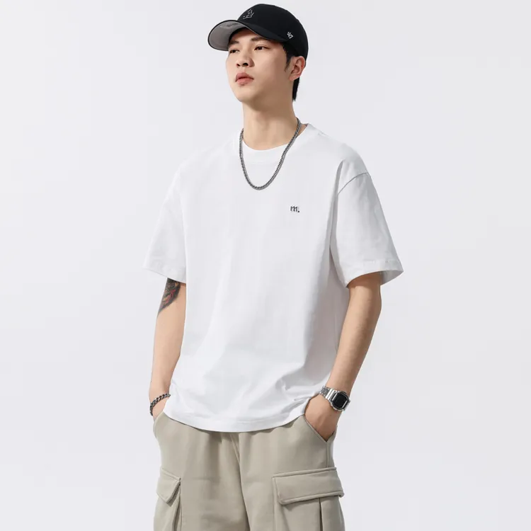 夏季圆领日系日常学生单肩短袖情侣棉绢丝混纺T恤