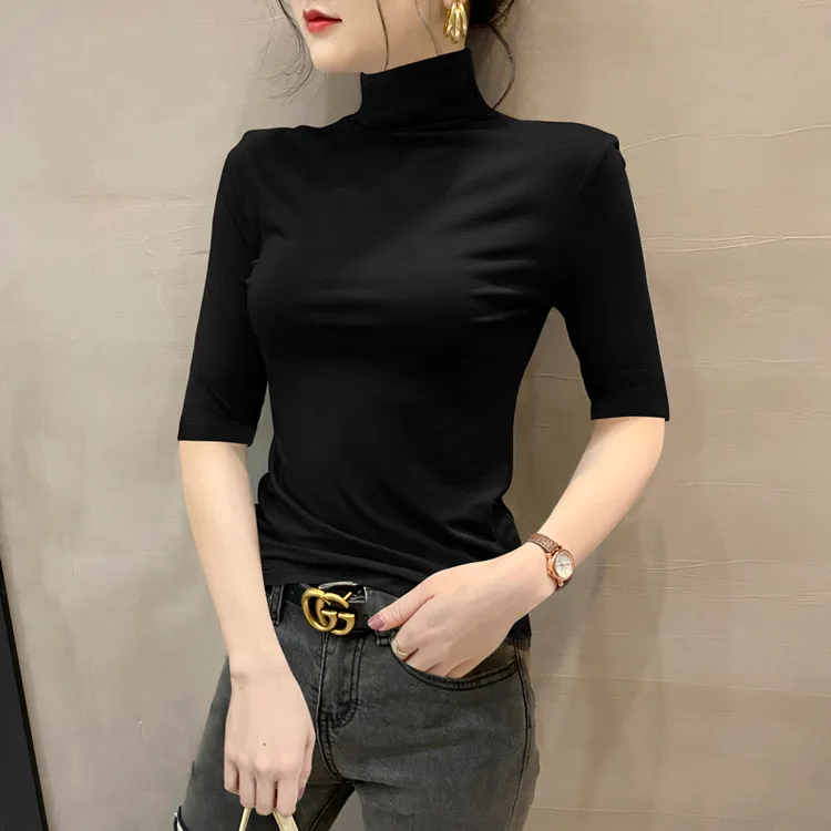 莫代尔高领中袖打底衫女内搭2025新款修身内搭五分袖黑色洋气上衣