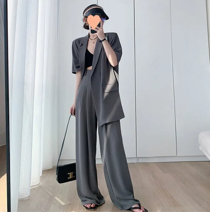 2025夏季新款大码女装微胖mm西服两件套短袖小西装阔腿裤薄款套装