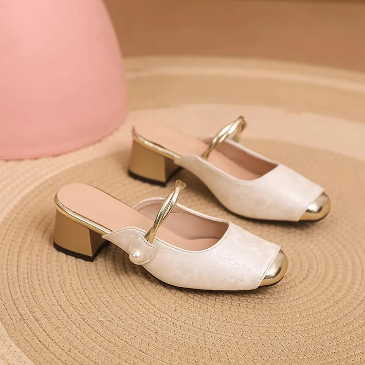 包头半拖鞋女外穿2025春季新款中式国风仙女粗跟配裙子一字带凉拖