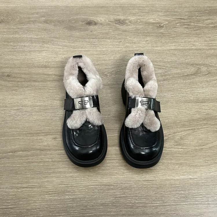 Dannyfrey复古金属扣厚底百搭保暖懒人防滑加绒头层羊皮女棉鞋4CM