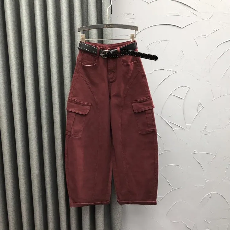 酒红色高腰休闲哈伦牛仔裤女秋季新款百搭宽松显瘦帅气老爹工装裤