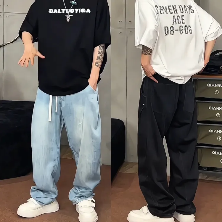 美式高街男士宽松微锥直筒牛仔休闲裤百搭简约潮流韩版薄款休闲裤