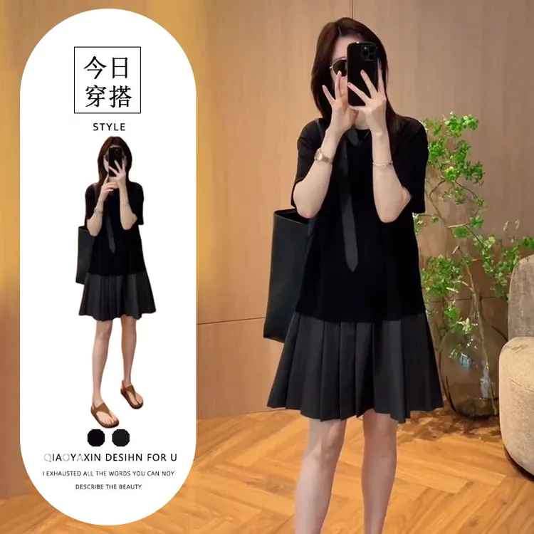 夏季流行穿搭一整套新款2025韩版减龄宽松显瘦假两件飘带连衣裙女
