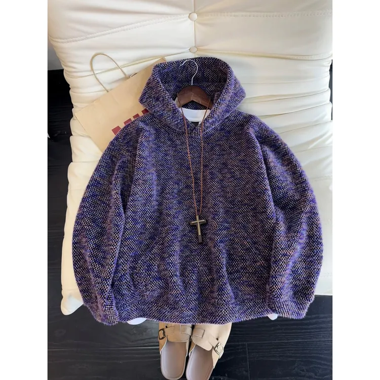 美式复古毛绒针织卫衣男女款秋冬小众设计连帽高级感宽松休闲外套