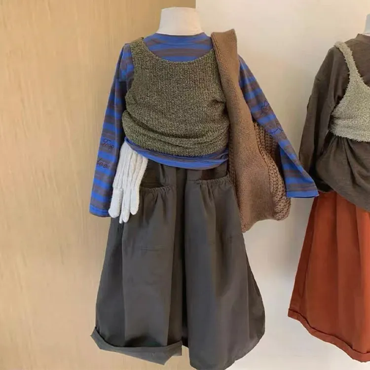 韩范童装女童秋套装2025新款潮酷女宝时髦背心打底衫上衣灰色裤子