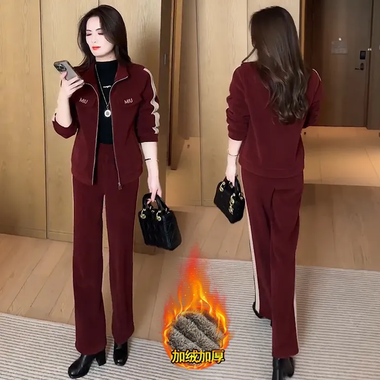 加绒加厚时尚休闲套装女2025秋冬季新款洋气短款外套直筒裤两件套