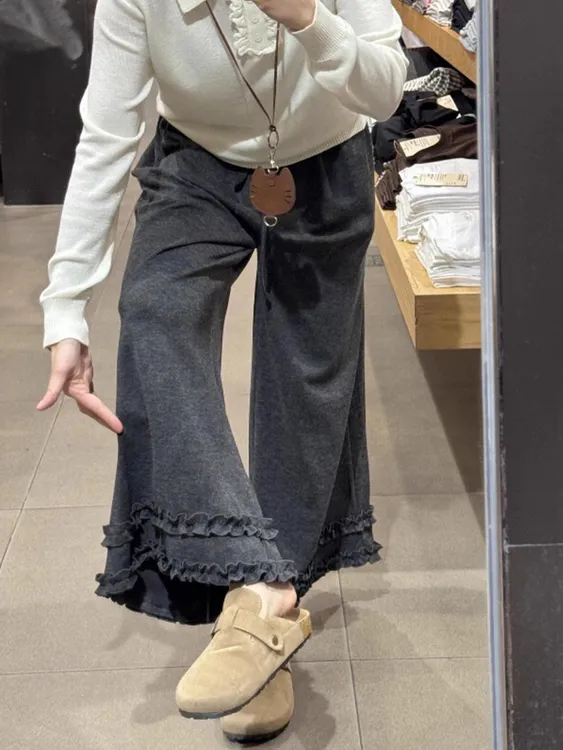 胖MM大码复古设计感休闲裤秋冬加绒花边糯米裤高腰宽松遮肉阔腿裤