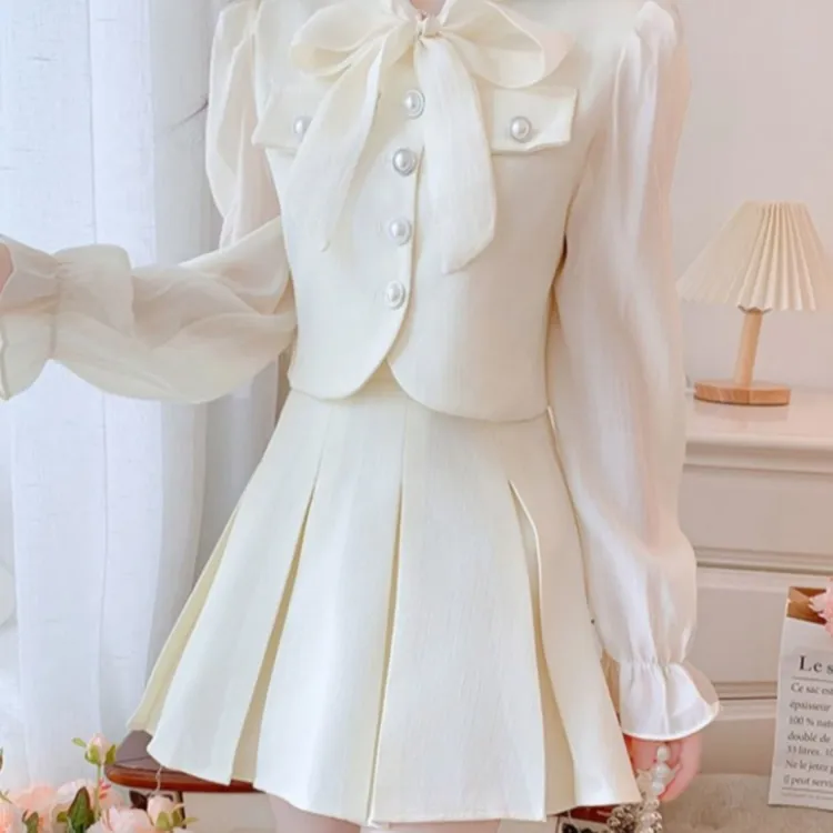 春秋季新款法式名媛高级感两件套装裙小香风蝴蝶结衬衣高腰短裙女