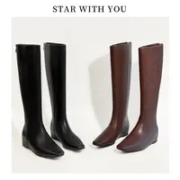 【STAR】简约百搭方头内增高牛皮直筒厚底坡跟内增高平口时装靴4cm