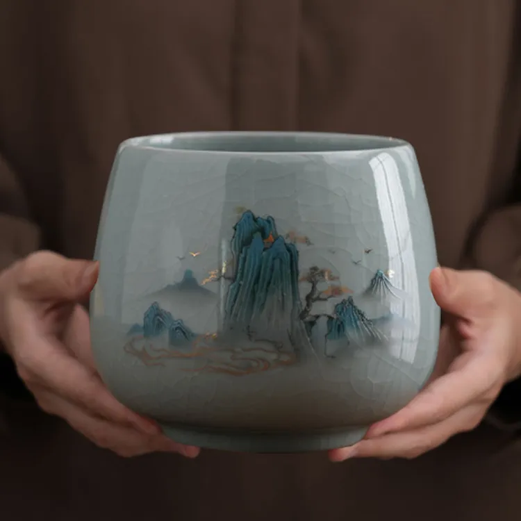 圣凌哥窑大号茶渣缸带过滤陶瓷茶洗盆茶道配件大容量家用水盂建水商品图