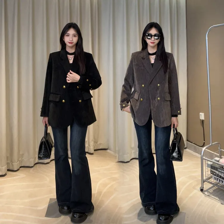 2025年新款雪尼尔秋季西装外套复古显瘦气质开叉西装外套女