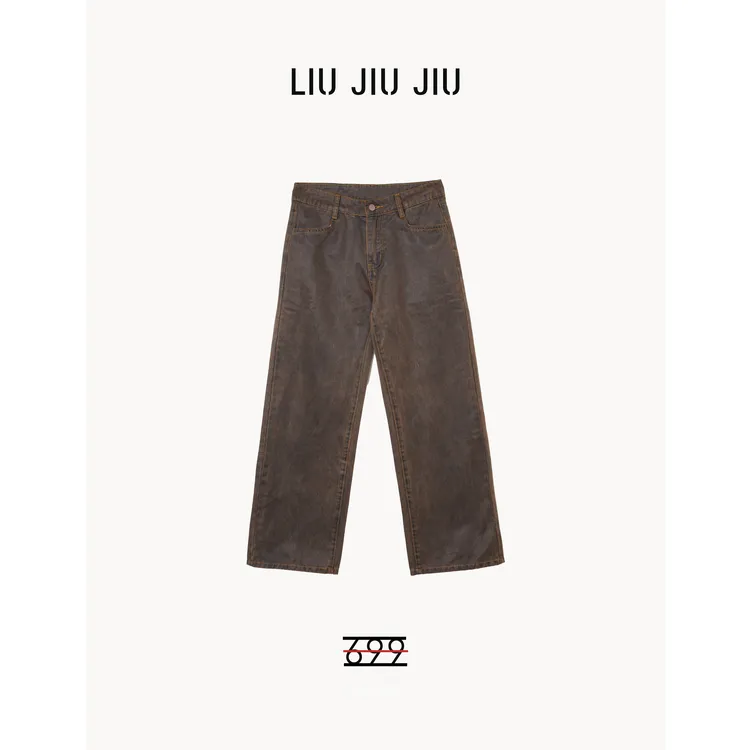 LIUJIUJIU 美拉德复古做旧老钱风水洗皮绒休闲直筒牛仔裤KZ4660L