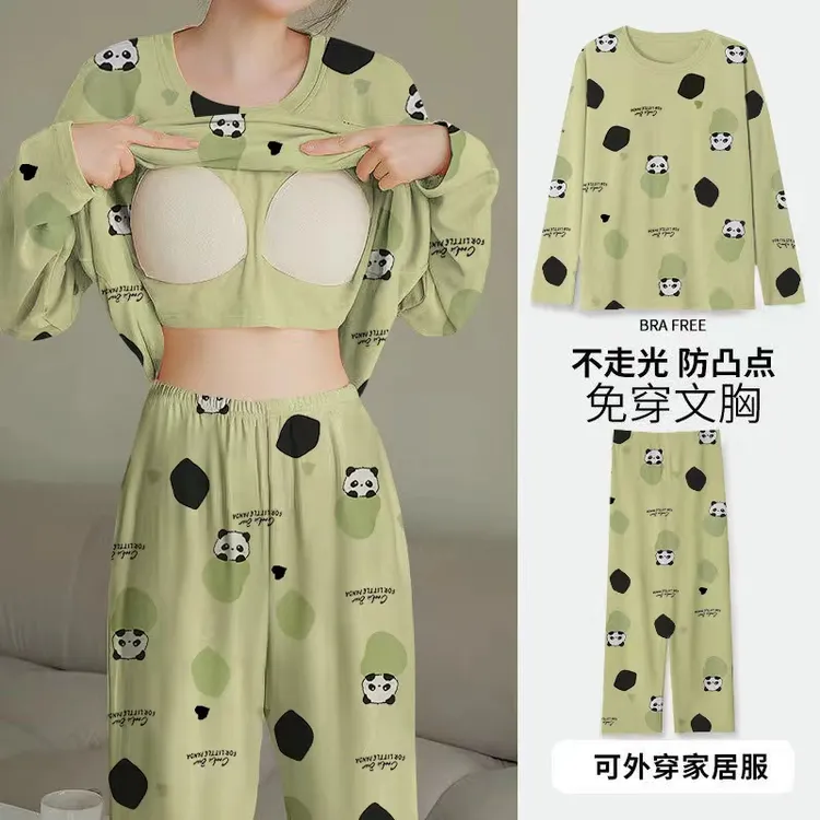 新款春秋季天长袖ins风睡衣女长袖长裤卡通家居服两件套装可外穿
