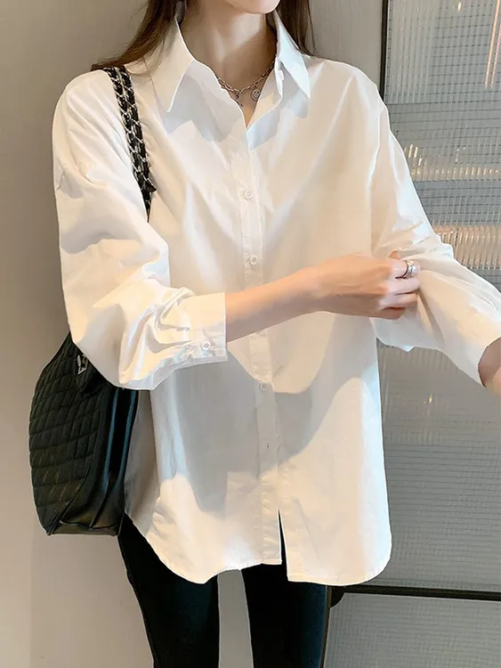 100%棉白衬衫女厚实不透春秋休闲气质慵懒风白衬衣外穿宽松内搭潮