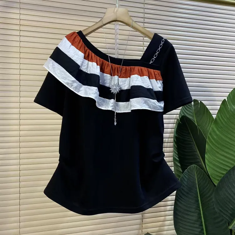 D欧货时尚新款斜领荷叶边设计链条捏褶短袖上衣