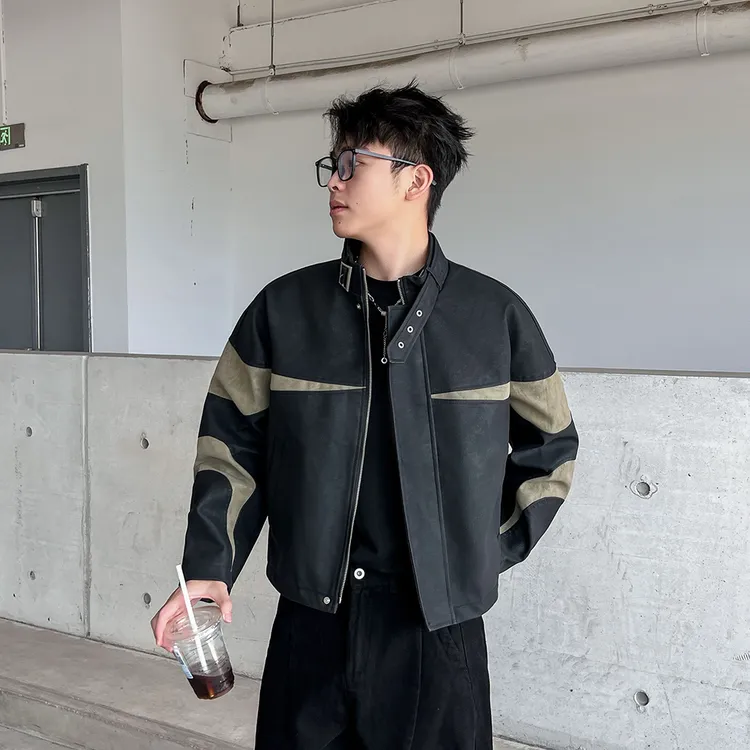 美式休闲高街皮夹克男士秋季潮流拼接宽松皮衣机车服潮牌短款外套