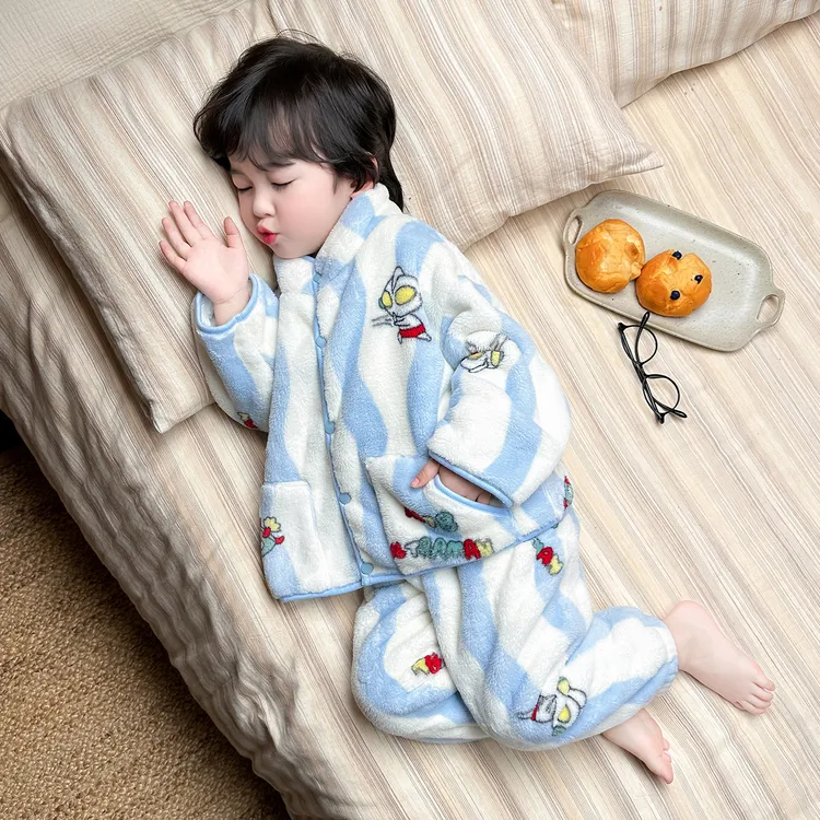 男童睡衣套装秋冬季奥特曼加厚法兰绒男宝宝珊瑚绒儿童冬款家居服